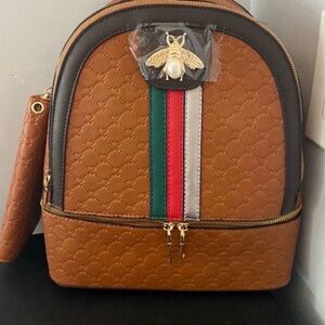 NWT- Tan Women's Bee Accent Backpack with Green-Red-White Stripe